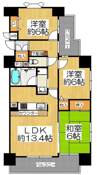 Floor plan. 3LDK, Price 25,800,000 yen, Occupied area 67.28 sq m , Balcony area 12.99 sq m square room