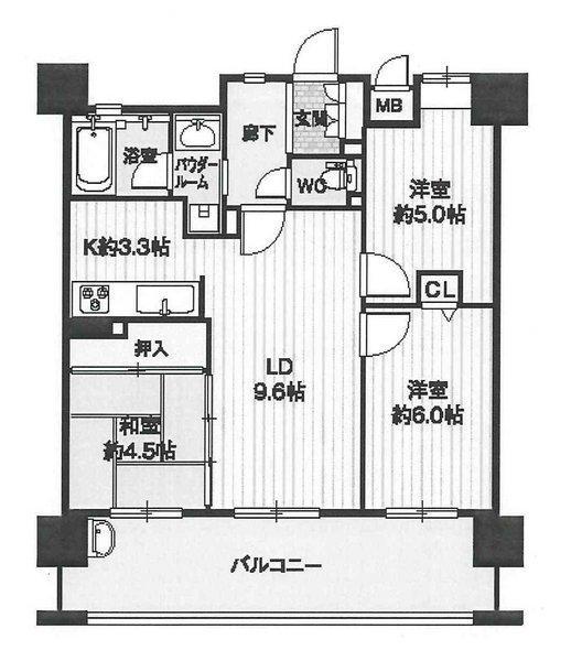 Floor plan. 3LDK, Price 21.5 million yen, Occupied area 56.97 sq m , Bright dwelling on the balcony area 15.39 sq m south balcony