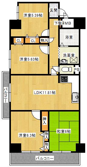 Floor plan. 4LDK, Price 16.5 million yen, Occupied area 75.93 sq m , Is a floor plan of the balcony area 12.39 sq m spacious 4LDK.
