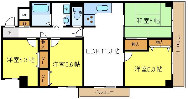 Floor plan. 4LDK, Price 16.5 million yen, Occupied area 75.93 sq m , Balcony area 12.39 sq m southwest angle room