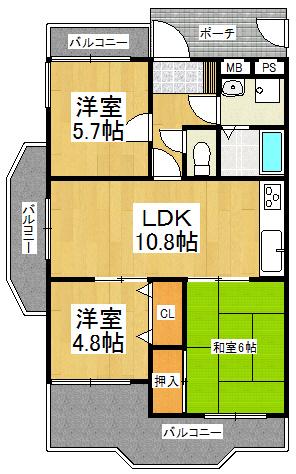 Floor plan. 3LDK, Price 14.9 million yen, Occupied area 61.11 sq m , Balcony area 17.23 sq m
