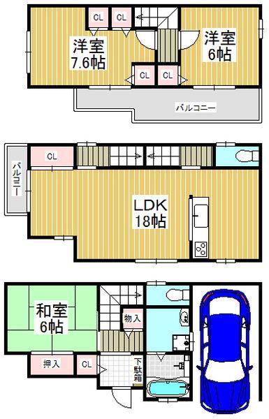 Floor plan. 22,800,000 yen, 3LDK, Land area 54.79 sq m , Building area 99.22 sq m 3LDK, Parking one. The room the entire renovated. 