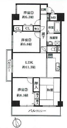 Floor plan. 4LDK, Price 16.5 million yen, Occupied area 75.93 sq m , Balcony area 12.39 sq m