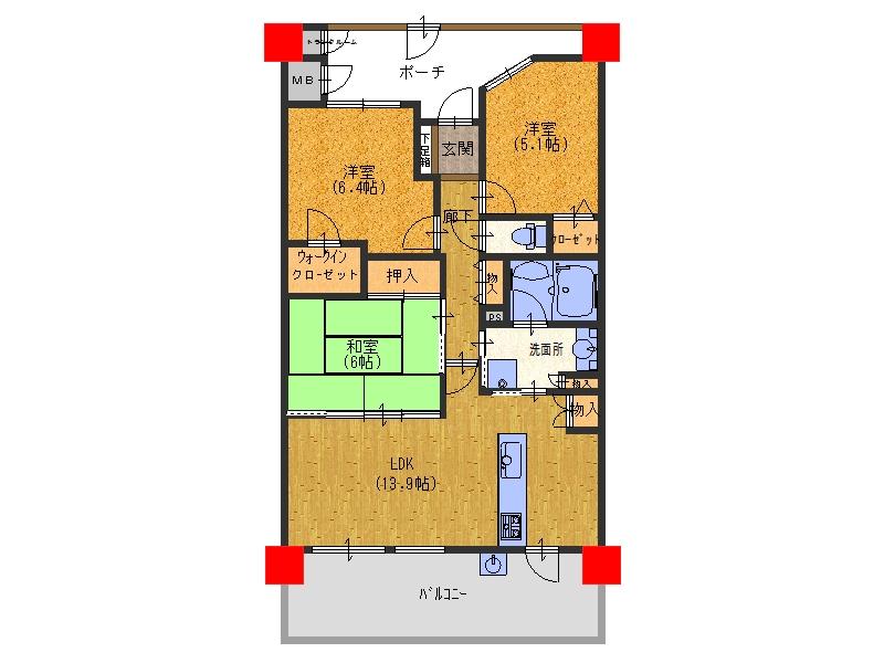 Floor plan. 3LDK, Price 19,800,000 yen, Occupied area 71.59 sq m , Balcony area 13.3 sq m