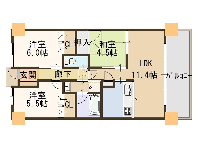 Floor plan. 3LDK, Price 22,800,000 yen, Occupied area 63.63 sq m , Balcony area 11.97 sq m