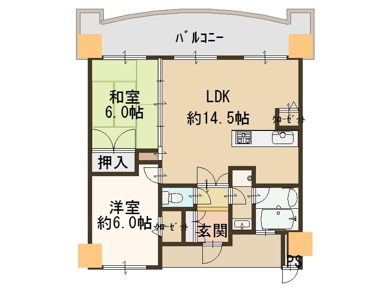 Floor plan. 2LDK, Price 19.5 million yen, Occupied area 63.08 sq m , Balcony area 14.1 sq m