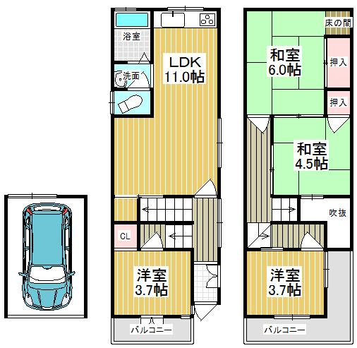 Floor plan. 10.5 million yen, 4LDK, Land area 42.9 sq m , Building area 72.62 sq m