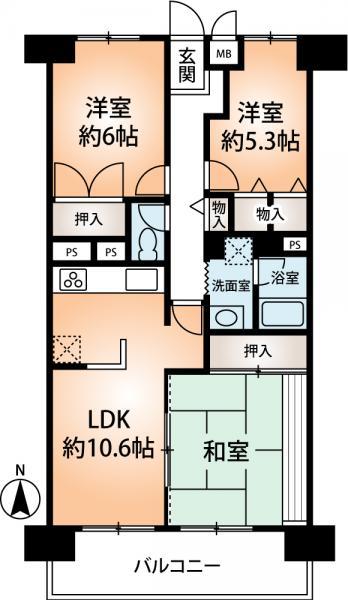Floor plan. 3LDK, Price 10.8 million yen, Footprint 66 sq m , Balcony area 9.21 sq m