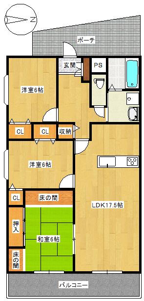 Floor plan. 3LDK, Price 17.8 million yen, Occupied area 77.17 sq m , Balcony area 9.42 sq m