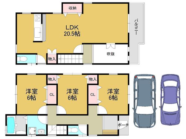 Floor plan. 26,800,000 yen, 3LDK, Land area 117.06 sq m , Building area 93.96 sq m all room 6 tatami mats or more, Spacious living space with storage space ☆
