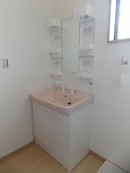 Wash basin, toilet. Storage space with plenty of vanity