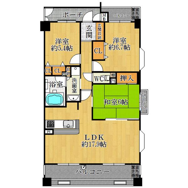 Floor plan. 3LDK, Price 21,800,000 yen, Occupied area 72.05 sq m , Balcony area 22.6 sq m