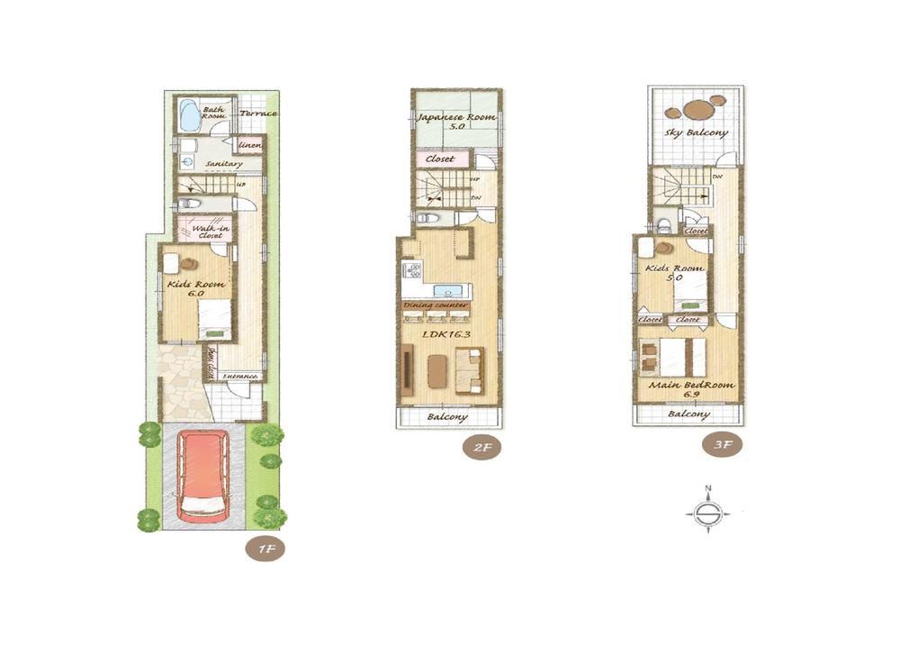 Floor plan. 29,800,000 yen, 4LDK, Land area 91.12 sq m , Building area 105.7 sq m 1 floor area 35.70 sq m 2 floor area 42.32 sq m 3 floor area 30.98 sq m total floor area of ​​108.37 sq m (32.78 square meters) site area 80.87 (24.26 square meters)