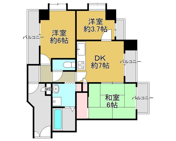 Floor plan. 3DK, Price 13.8 million yen, Occupied area 53.36 sq m , Balcony area 9.41 sq m square room ・ Per two-sided balcony, Per yang ・ Ventilation good dwelling ☆