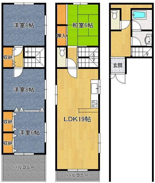 Floor plan. 16.8 million yen, 4LDK, Land area 65.41 sq m , Building area 148.39 sq m friends could call 19 tatami spacious LDK