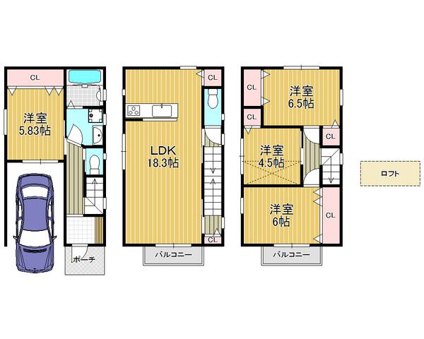 Floor plan. 28.8 million yen, 4LDK, Land area 51.21 sq m , Building area 109 sq m convenient parking with space, With loft!