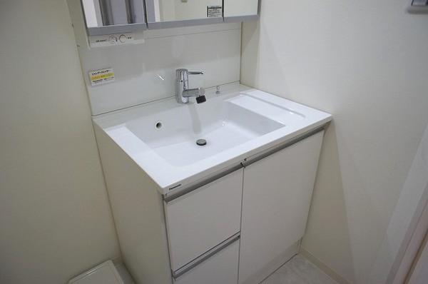 Wash basin, toilet. Functional vanity triple mirror type