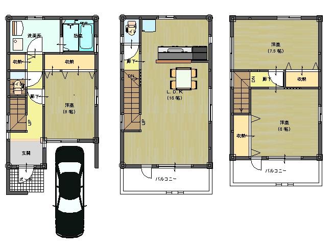 Floor plan. 27.3 million yen, 3LDK, Land area 63.62 sq m , Building area 102.51 sq m wooden three-story 3LDK