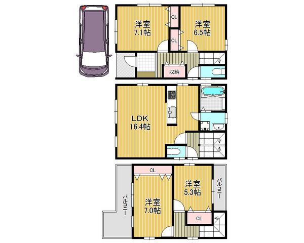 Floor plan. 28.8 million yen, 4LDK, Land area 60 sq m , Is the residence of 4LDK of building area 102.69 sq m in town ☆