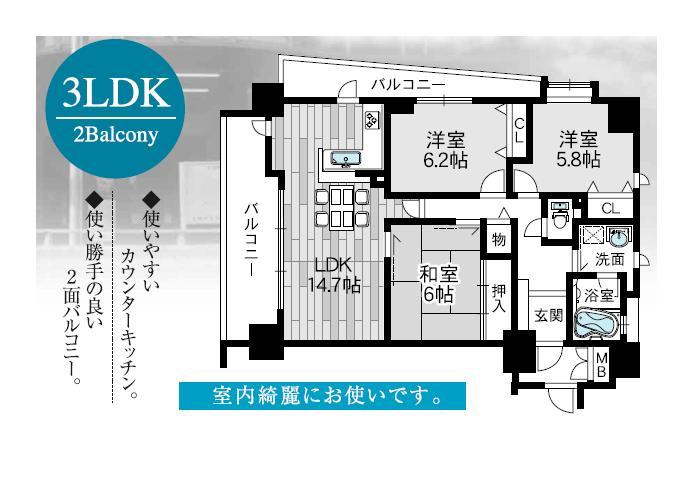 Floor plan. 3LDK, Price 19,800,000 yen, Occupied area 75.62 sq m , Balcony area 17.46 sq m   ☆ Corner room ・ Two-sided balcony ☆