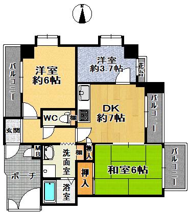 Floor plan. 3DK, Price 13.8 million yen, Occupied area 53.36 sq m , Balcony area 9.41 sq m