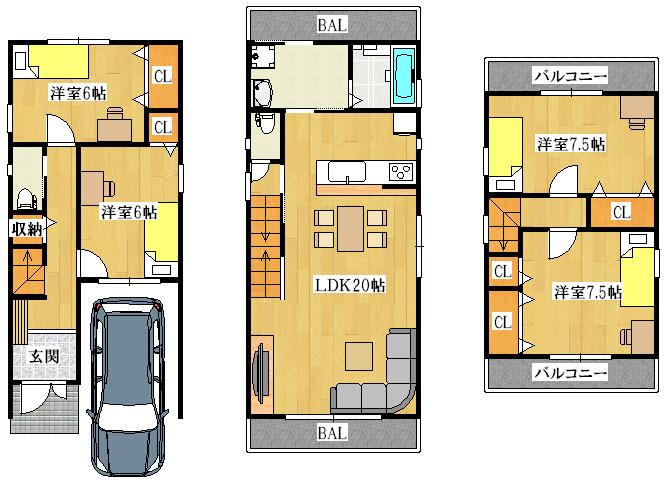 Compartment view + building plan example. Building plan example, Land price 15 million yen, Land area 93.5 sq m , Building price 14.8 million yen, Building area 108.69 sq m