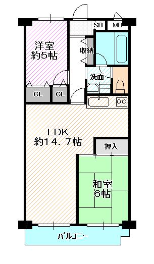 Floor plan. 2LDK, Price 10.8 million yen, Footprint 56 sq m , Balcony area 7.69 sq m