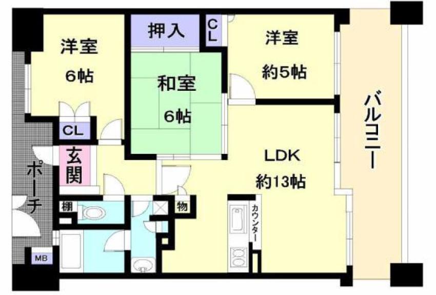 Floor plan. 3LDK, Price 20.8 million yen, Occupied area 63.61 sq m , Balcony area 14.24 sq m spacious 3LDK