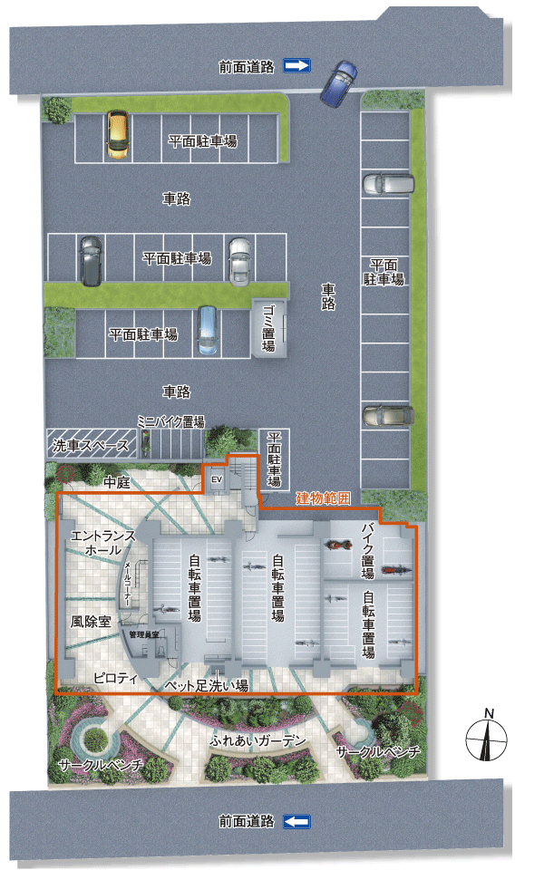Features of the building.  [Land Plan] About 73% open area ratio of the room. People south, Car is the approach from the north, Complete step car isolation design has been adopted (site layout)