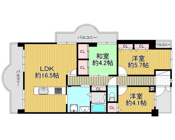 Floor plan. 3LDK, Price 22,900,000 yen, Occupied area 95.32 sq m , Balcony area 16.54 sq m 2 sided balcony, All room with storage space