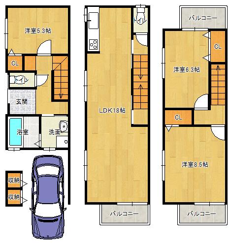 Floor plan. 27,800,000 yen, 3LDK, Land area 69.89 sq m , It is open in the building area 103.04 sq m living spacious! Ease of use is also good in the two planes balcony!