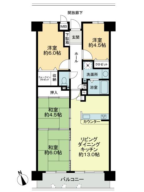 Floor plan. 4LDK, Price 19,800,000 yen, Occupied area 74.34 sq m , Balcony area 9 sq m