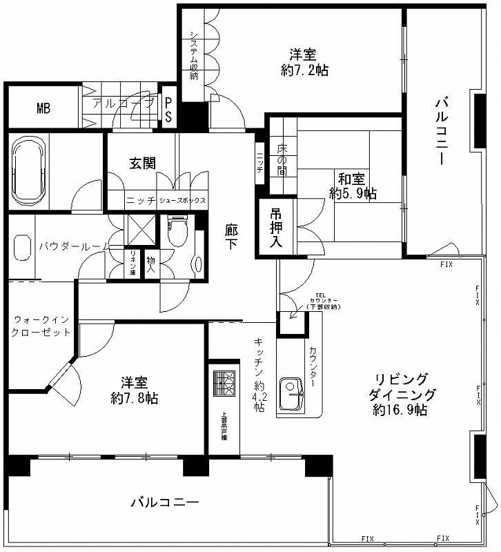 Floor plan. 3LDK, Price 54,800,000 yen, Footprint 100.05 sq m , Balcony area 25.45 sq m