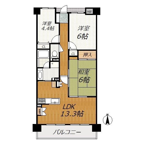 Floor plan. 3LDK, Price 20.8 million yen, Occupied area 65.84 sq m , Balcony area 9 sq m
