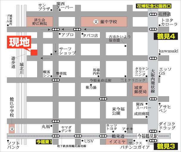 Local guide map. Subway Nagahori Tsurumi-ryokuchi Line is "Imafuku Tsurumi" station walk 9 minutes.
