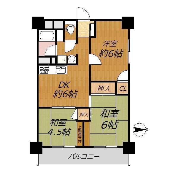 Floor plan. 3DK, Price 10.8 million yen, Occupied area 54.57 sq m , Balcony area 7.34 sq m indoor clean.