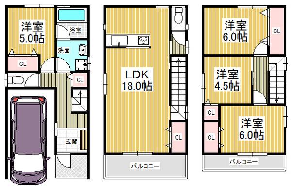Floor plan. 34,800,000 yen, 4LDK, Land area 60 sq m , Building area 111.78 sq m convenient parking space three possible even when the visitor!