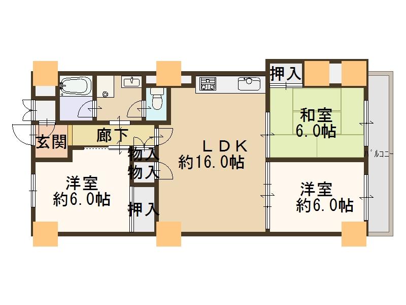 Floor plan. 3LDK, Price 13.8 million yen, Footprint 69 sq m , Balcony area 7.2 sq m living spacious 16 quires 3LDK