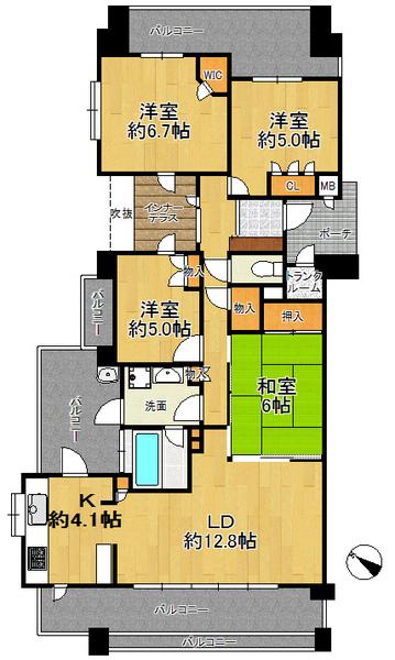 Floor plan. 4LDK, Price 33,800,000 yen, Occupied area 91.17 sq m , Spacious living space of the balcony area 21.08 sq m 4LDK