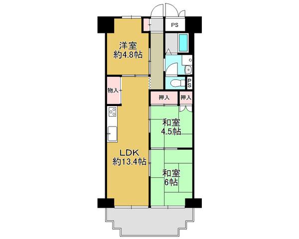 Floor plan. 3LDK, Price 13.8 million yen, Occupied area 60.87 sq m , Balcony area 6.13 sq m