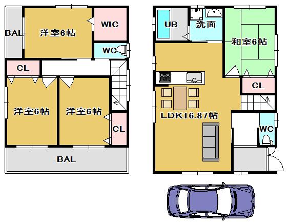 Building plan example (floor plan). Building plan example (No. 2 place) 4LDK, Land price 22 million yen, Land area 91.33 sq m , Building price 16.8 million yen, Building area 99.83 sq m