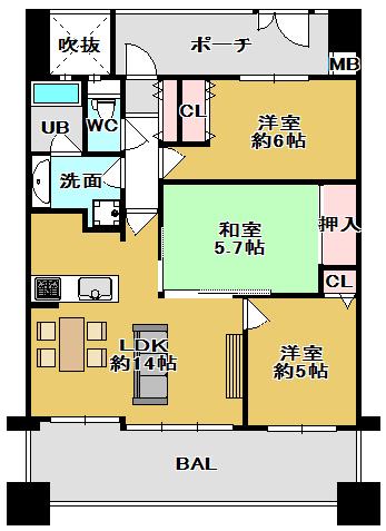 Floor plan. 3LDK, Price 24,800,000 yen, Occupied area 65.31 sq m , Balcony area 13.57 sq m yearning counter kitchen! Washing Easy wide balcony equipped!