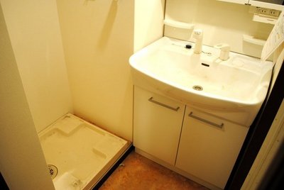 Washroom. Vanity, and the indoor laundry bread