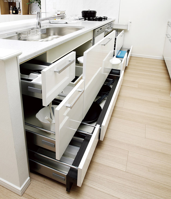 Kitchen.  [Sliding storage] Storage of system kitchens, It can be effectively utilized in the prone cabinet in a dead space, Sliding storage has been adopted (same specifications)