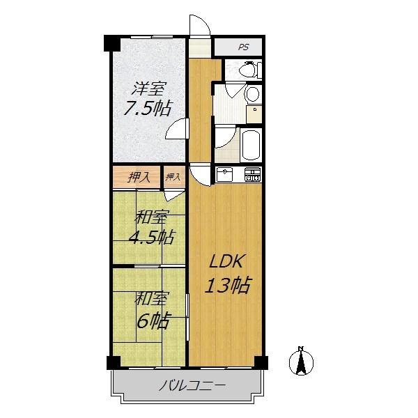 Floor plan. 3LDK, Price 12.6 million yen, Occupied area 68.88 sq m , Balcony area 7.53 sq m south-facing. Easy-to-use floor plan.