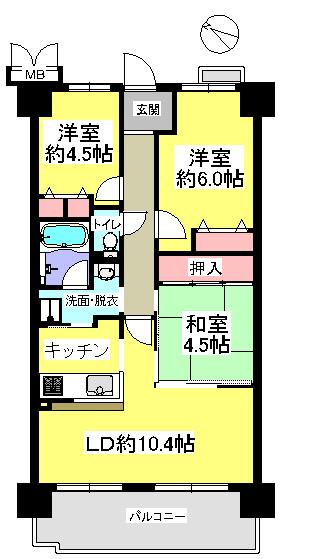 Floor plan. 3LDK, Price 18.5 million yen, Occupied area 63.13 sq m , Balcony area 11.09 sq m popular 3LDK type