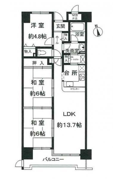 Floor plan. 3LDK, Price 16,900,000 yen, Occupied area 67.58 sq m , Balcony area 7.7 sq m
