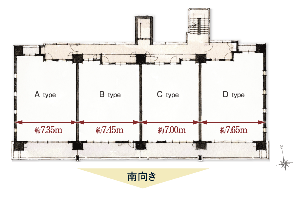 Features of the building.  [Floor plan] In order to enhance the value of open-minded location, Zenteiminami orientation and to, Adopt a wide span design. By with a frontage all households 7m or more, ventilation ・ The other was to ensure the lighting, 1 floor 4 House ・ Privacy property at the corner dwelling unit rate of 50% has also been realized (standard floor plan view)