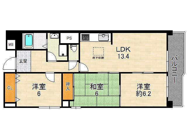 Floor plan. 3LDK, Price 17.6 million yen, Footprint 74 sq m , Balcony area 9.28 sq m