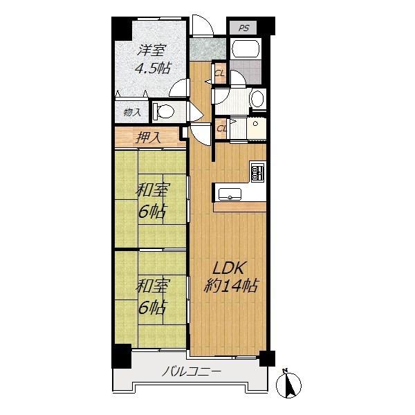 Floor plan. 3LDK, Price 16,900,000 yen, Occupied area 67.58 sq m , Balcony area 7.7 sq m